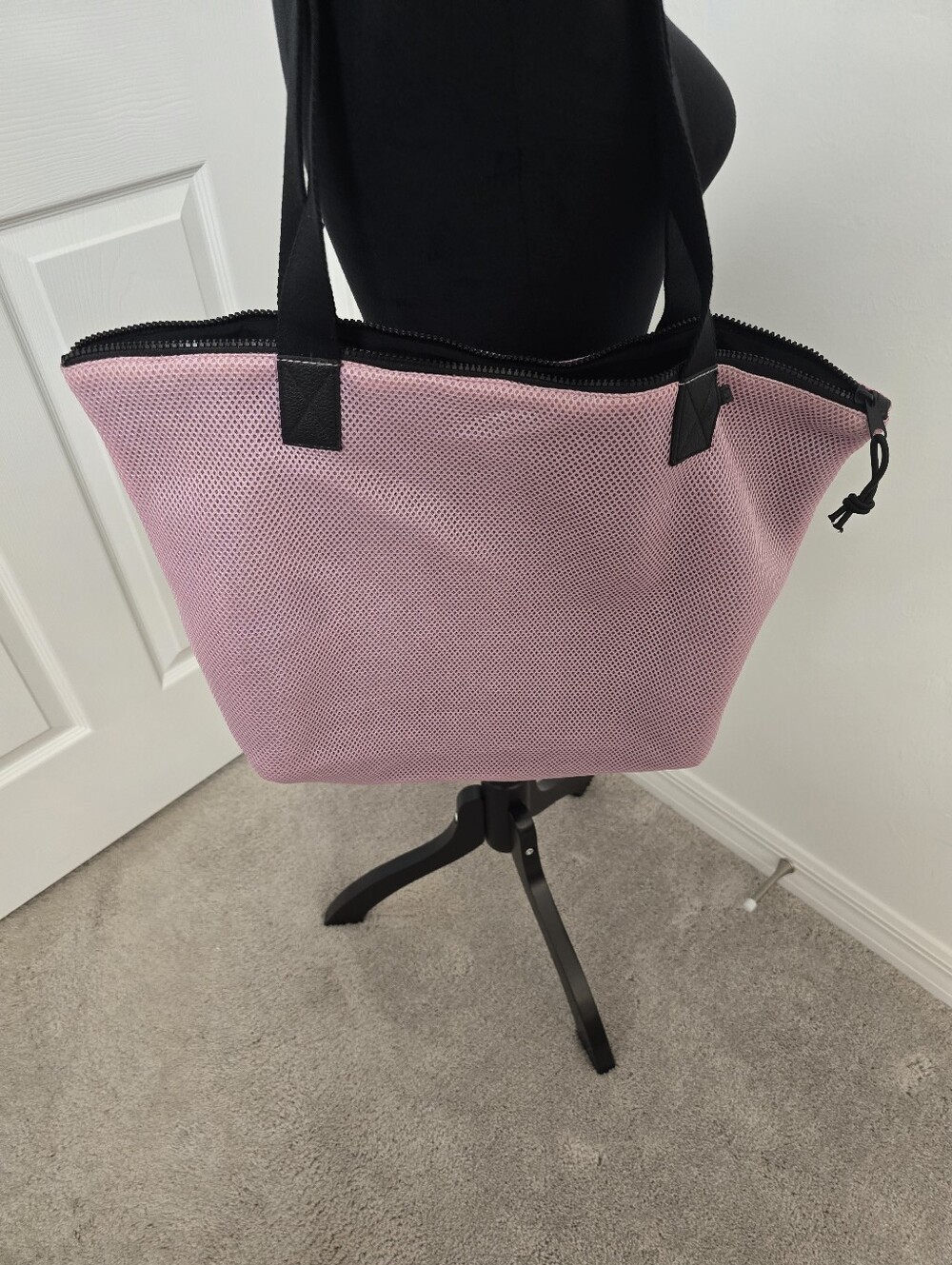 Pink Mesh Tote Bag with Black Handles